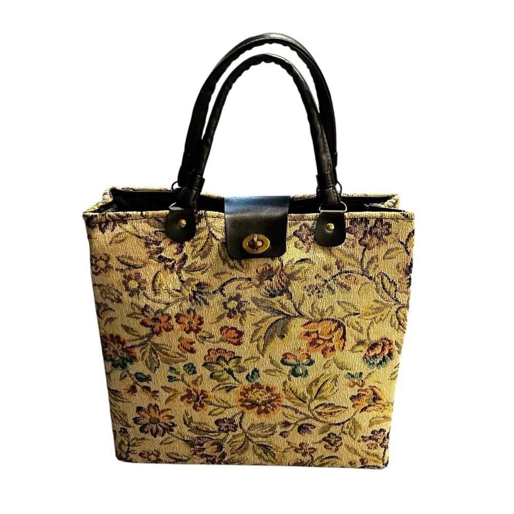 Vintage Tapestry Tote Bag Double Handle 12” X 12”